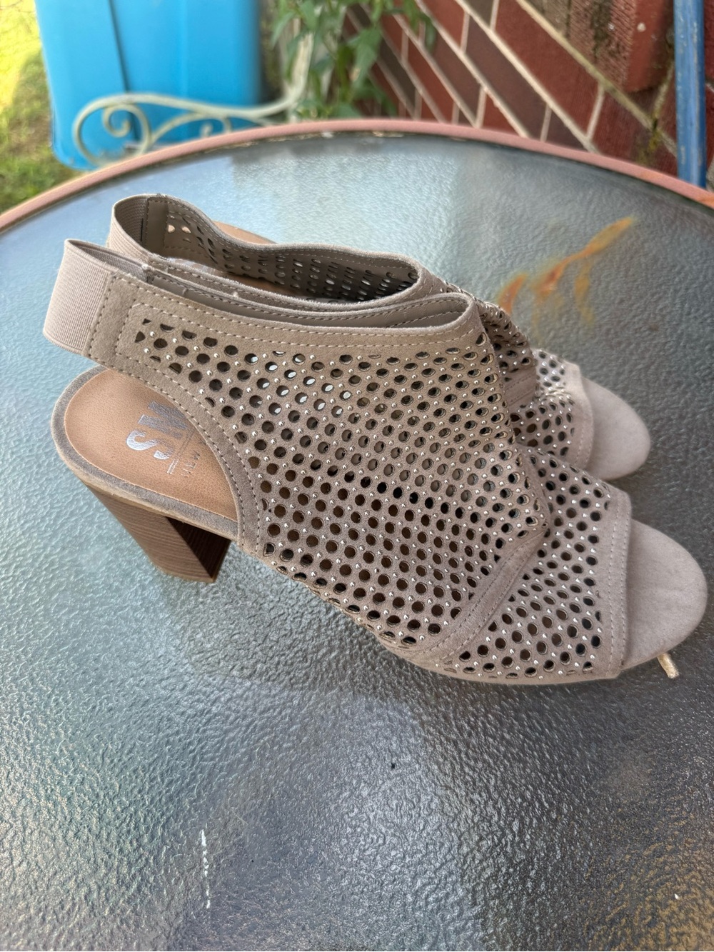 SM New York Taupe Perforated Slingback Block Heel Sandals